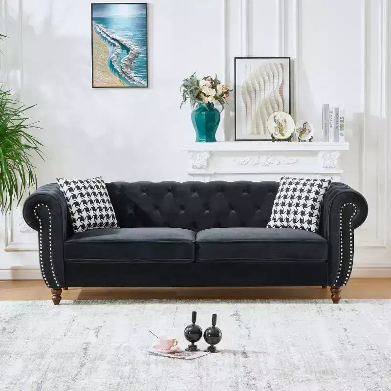 Mid-Century 3-Seater Chesterfield Sofa with Nailhead Trim, Rolled Arms and Wood Frame, Velvet Sofa Couch for Living Room, Lounge - Panipeachy