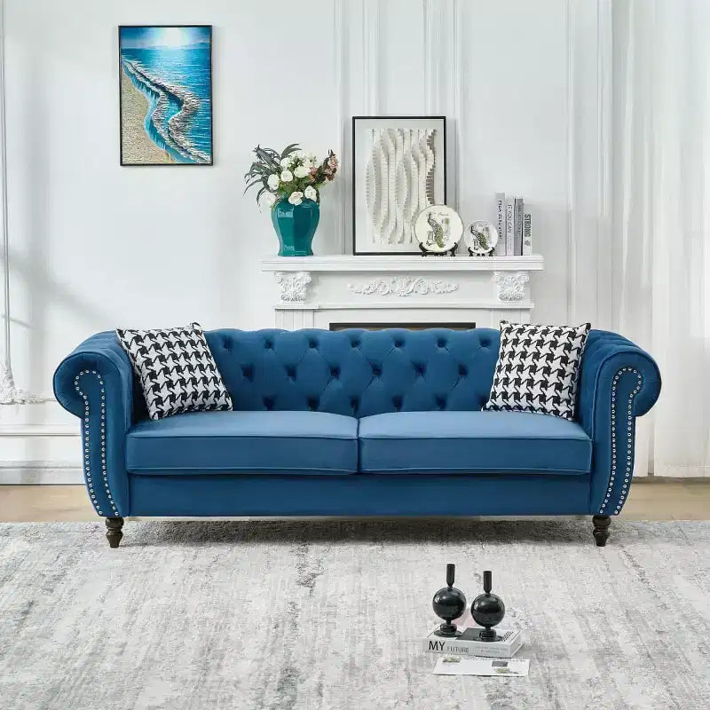 Mid-Century 3-Seater Chesterfield Sofa with Nailhead Trim, Rolled Arms and Wood Frame, Velvet Sofa Couch for Living Room, Lounge - Panipeachy