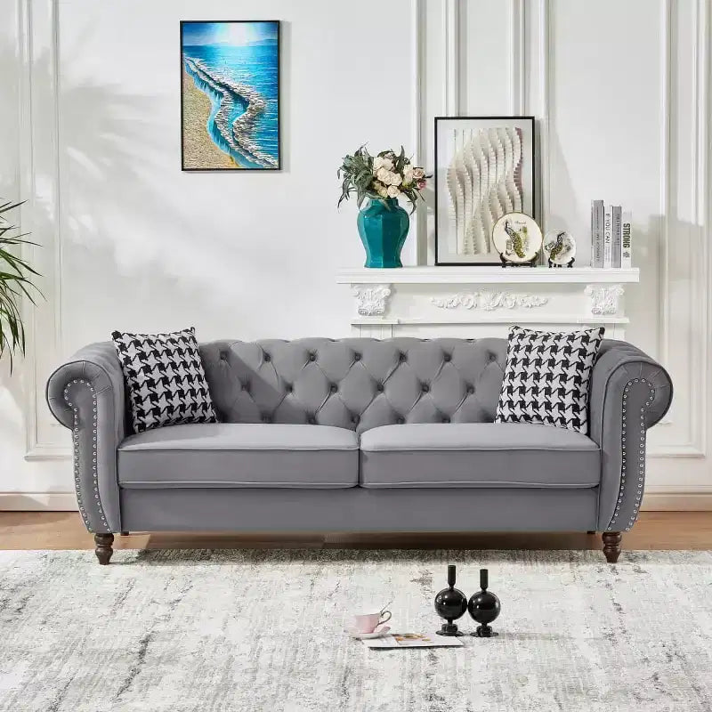 Mid-Century 3-Seater Chesterfield Sofa with Nailhead Trim, Rolled Arms and Wood Frame, Velvet Sofa Couch for Living Room, Lounge - Panipeachy