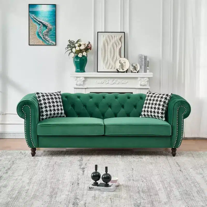 Mid-Century 3-Seater Chesterfield Sofa with Nailhead Trim, Rolled Arms and Wood Frame, Velvet Sofa Couch for Living Room, Lounge - Panipeachy