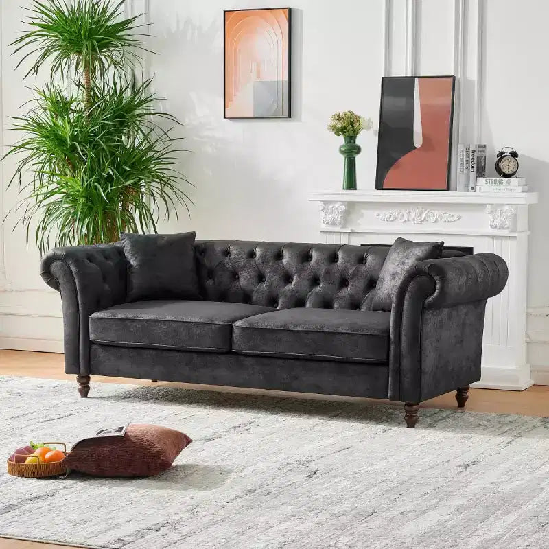 Traditional 3-Seater Chesterfield Sofa with Rolled Arms and Wood Frame, PU Leather Accent Sofa Couch for Living Room or Lounge - Panipeachy