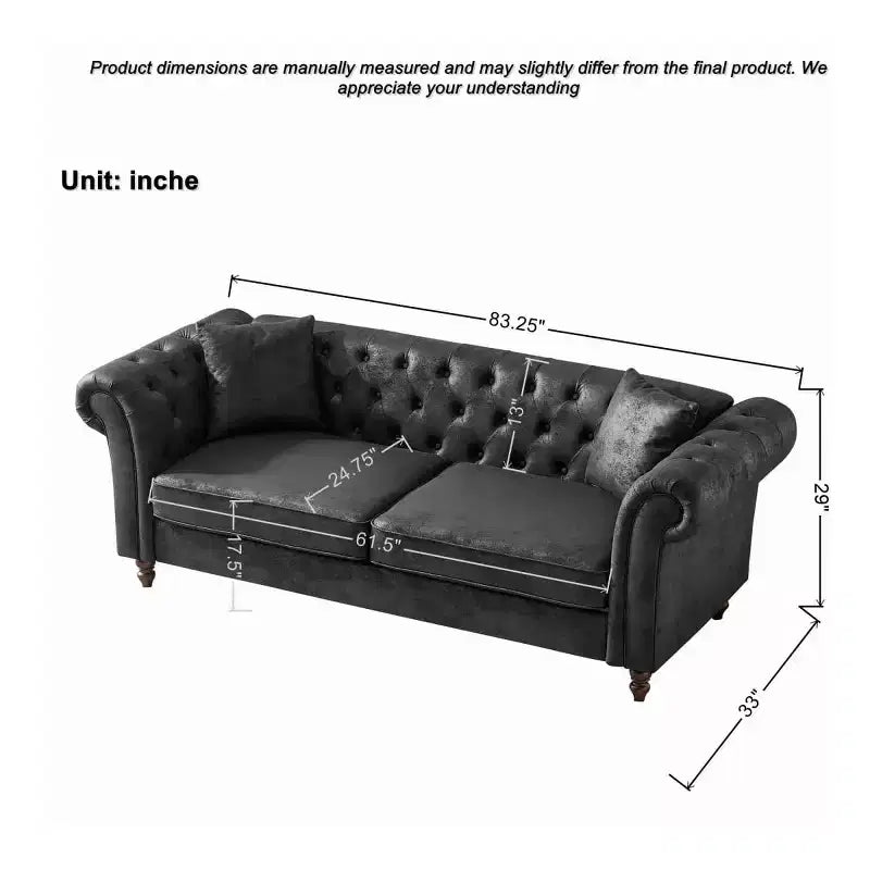 Traditional 3-Seater Chesterfield Sofa with Rolled Arms and Wood Frame, PU Leather Accent Sofa Couch for Living Room or Lounge - Panipeachy
