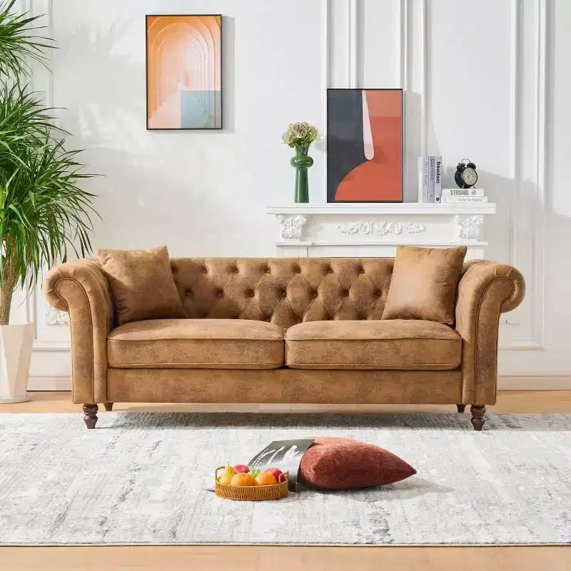 Traditional 3-Seater Chesterfield Sofa with Rolled Arms and Wood Frame, PU Leather Accent Sofa Couch for Living Room or Lounge - Panipeachy