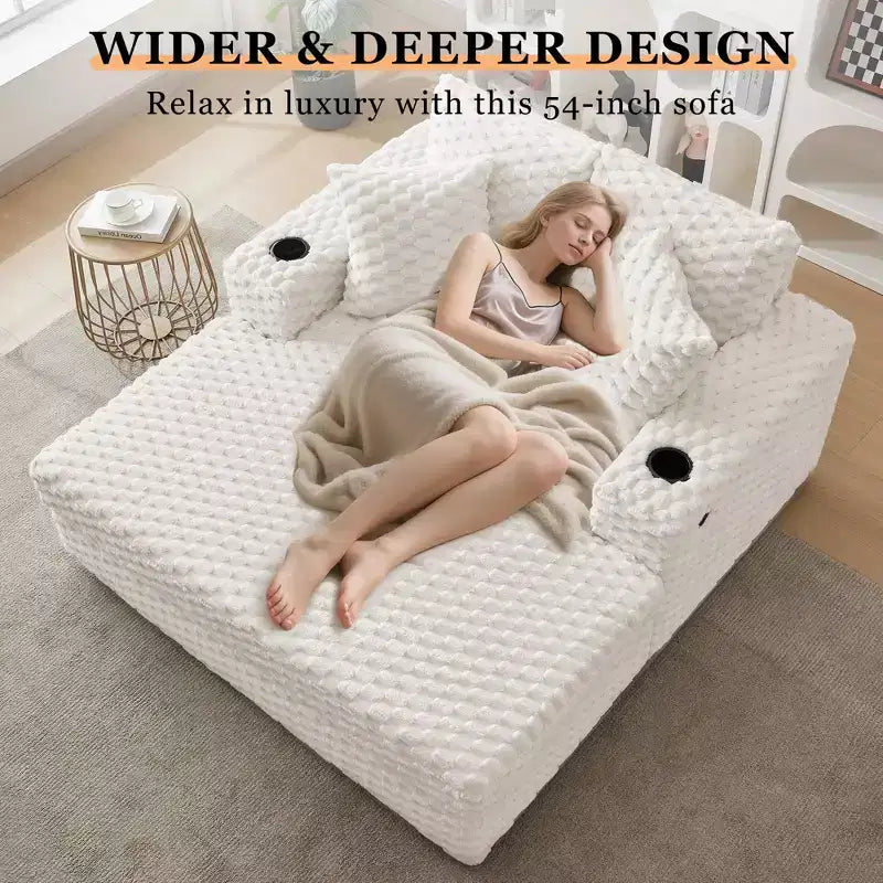 Upholstered Modern Sleeper Sofa Bed with Throw Pillows & Armrests, Large Comfy Reading Chair for Living Room and Bedroom