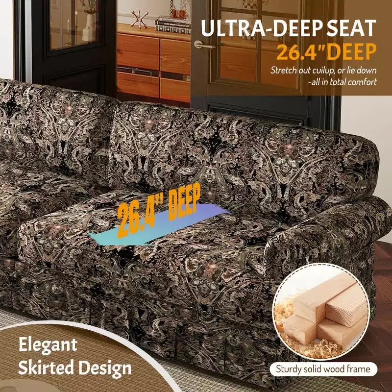 MAYEERTY Luxuriously Comfortable 3&4 Seater Cloud Couch, Chenille Fabric Sofa with Rolled Arms & Pleated Skrit Black Foral
