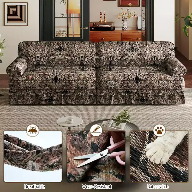 MAYEERTY Luxuriously Comfortable 3&4 Seater Cloud Couch, Chenille Fabric Sofa with Rolled Arms & Pleated Skrit Black Foral