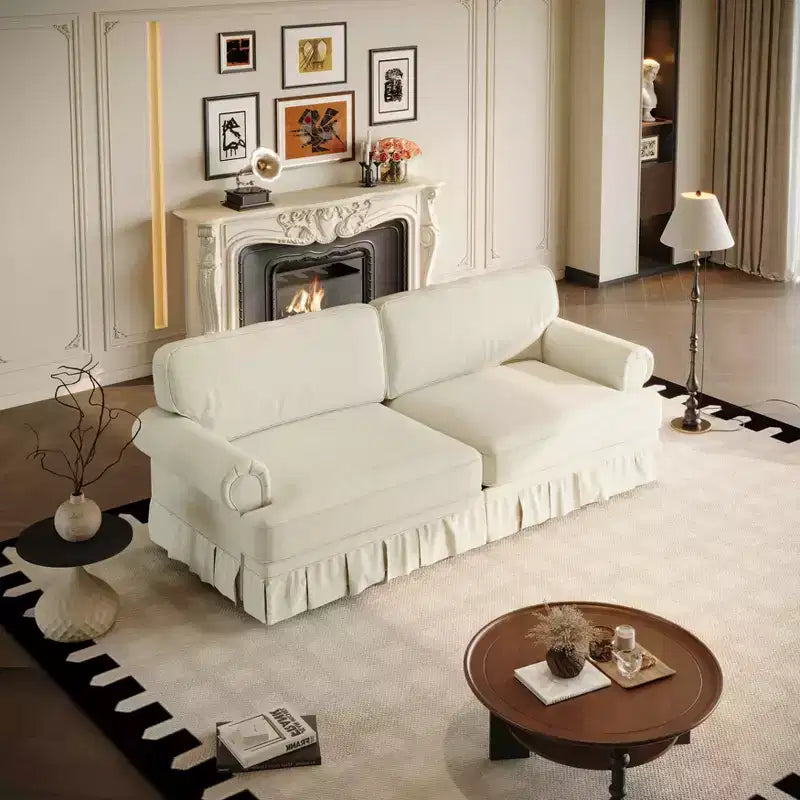 MAYEERTY Canapé nuage 3 et 4 places luxueusement confortable, en tissu chenille avec accoudoirs roulés et jupe plissée, beige