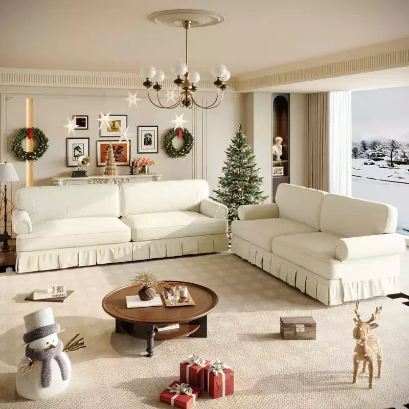 MAYEERTY Canapé nuage 3 et 4 places luxueusement confortable, en tissu chenille avec accoudoirs roulés et jupe plissée, beige