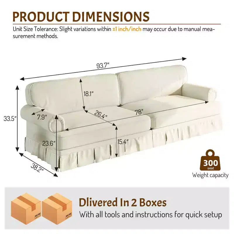 MAYEERTY Canapé nuage 3 et 4 places luxueusement confortable, en tissu chenille avec accoudoirs roulés et jupe plissée, beige