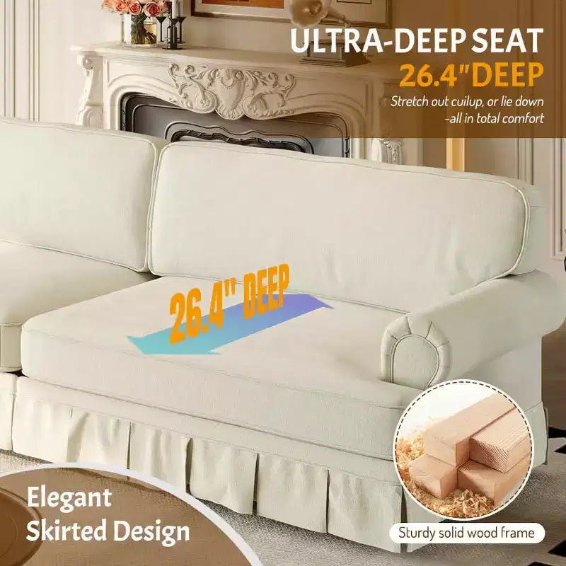 MAYEERTY Canapé nuage 3 et 4 places luxueusement confortable, en tissu chenille avec accoudoirs roulés et jupe plissée, beige