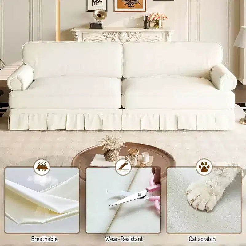 MAYEERTY Canapé nuage 3 et 4 places luxueusement confortable, en tissu chenille avec accoudoirs roulés et jupe plissée, beige