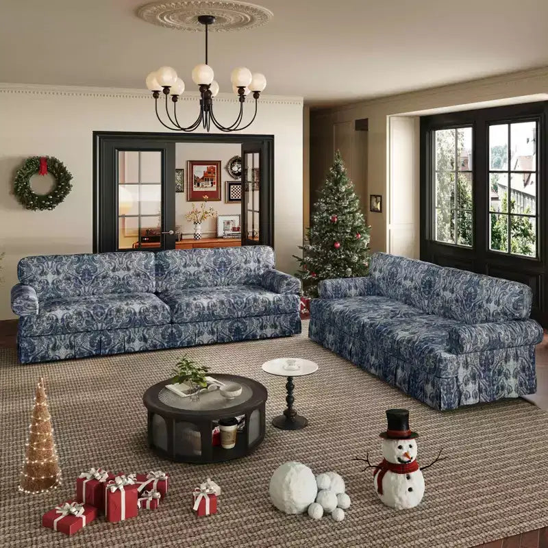 MAYEERTY 93.7 Luxuriously Comfortable 4 Seater Cloud Couch, Chenille Fabric Sofa with Rolled Arms & Pleated Skirt Blue Floral