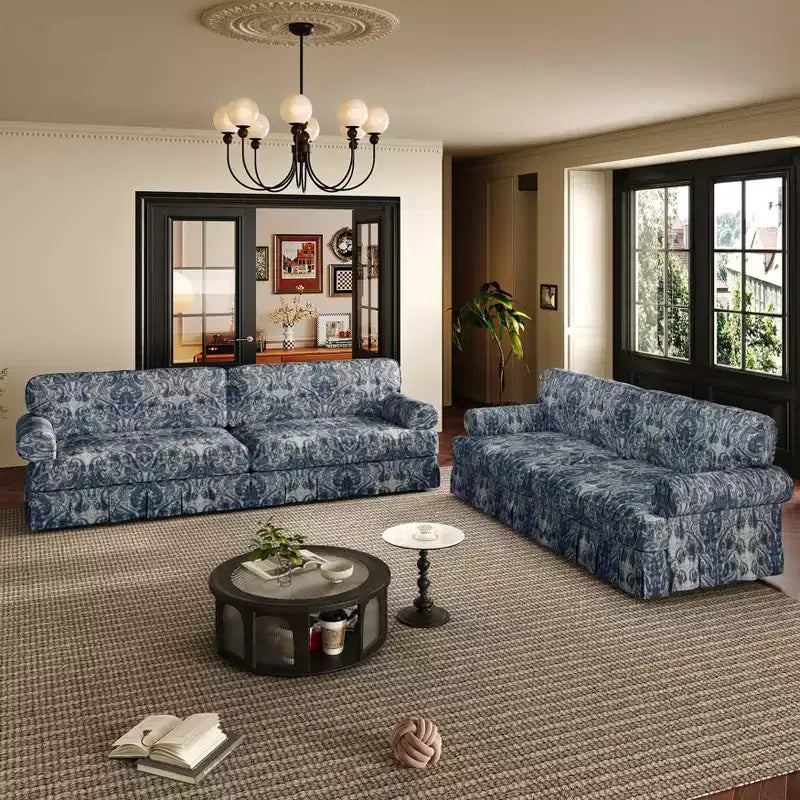 MAYEERTY 93.7 Luxuriously Comfortable 4 Seater Cloud Couch, Chenille Fabric Sofa with Rolled Arms & Pleated Skirt Blue Floral