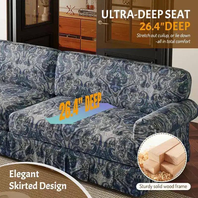 MAYEERTY 93.7 Luxuriously Comfortable 4 Seater Cloud Couch, Chenille Fabric Sofa with Rolled Arms & Pleated Skirt Blue Floral