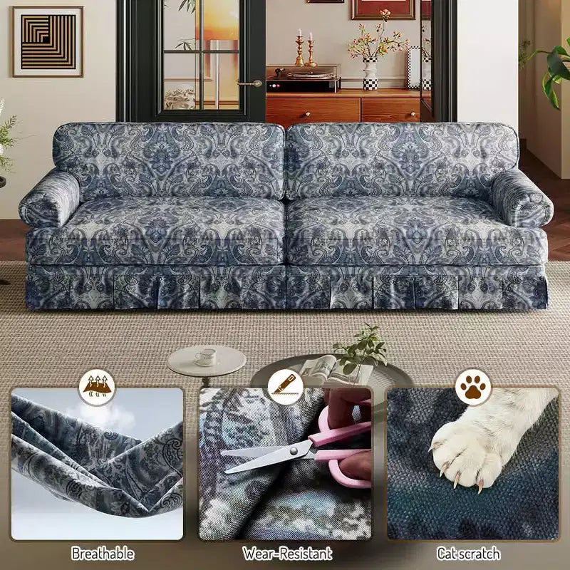 MAYEERTY 93.7 Luxuriously Comfortable 4 Seater Cloud Couch, Chenille Fabric Sofa with Rolled Arms & Pleated Skirt Blue Floral