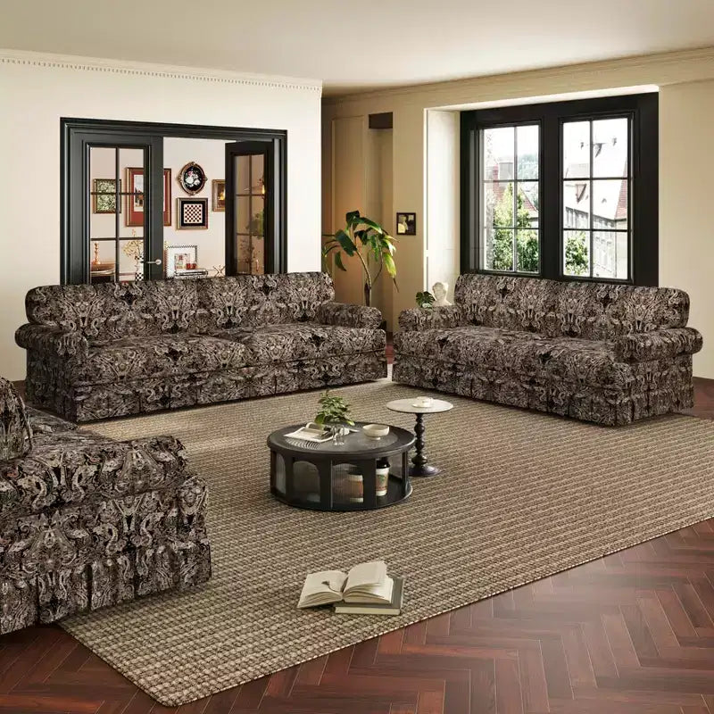 MAYEERTY 74 Luxuriously Comfortable 3 Seater Cloud Couch, Oxford Fabric Sofa with Rolled Arms & Pleated Skirt Design Black Floral