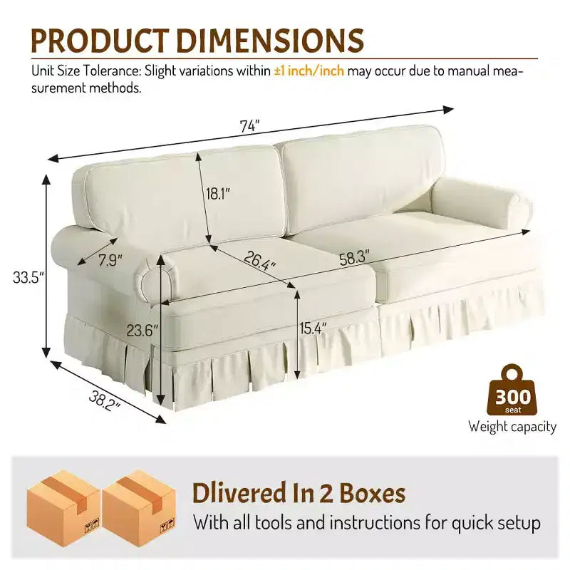 MAYEERTY 74 Luxuriously Comfortable 3 Seater Cloud Couch, Oxford Fabric Sofa with Rolled Arms & Pleated Skirt Design Beige
