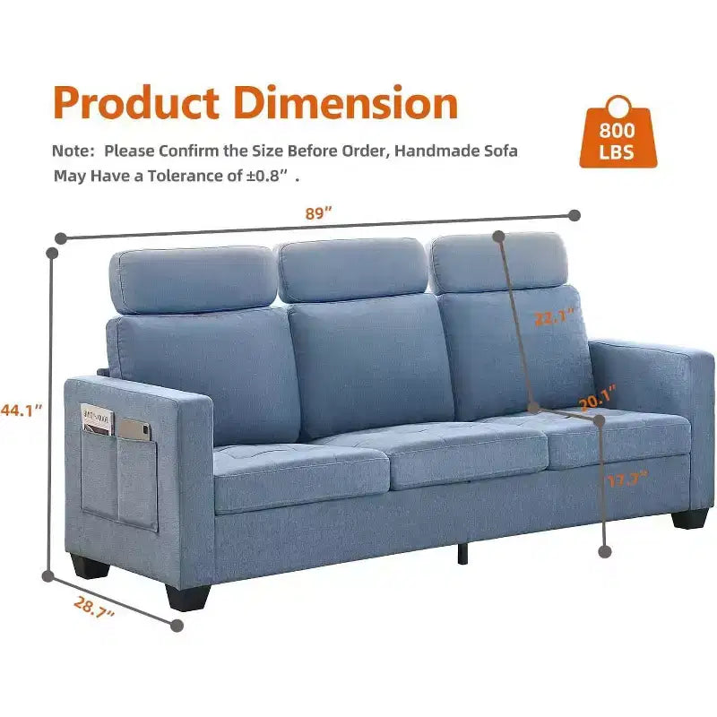 89 in Oversized 3 Seat Sofa, Chenille Fabric Upholstered Sofa with Wide Armrest, Removable Headrest and Side Storage Pockets for Home Office