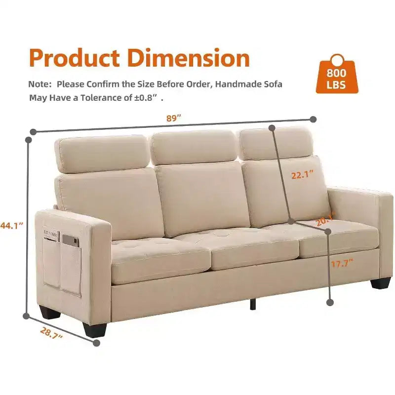 89 in Oversized 3 Seat Sofa, Chenille Fabric Upholstered Sofa with Wide Armrest, Removable Headrest and Side Storage Pockets for Home Office