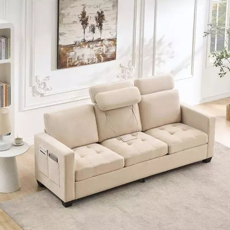 89 in Oversized 3 Seat Sofa, Chenille Fabric Upholstered Sofa with Wide Armrest, Removable Headrest and Side Storage Pockets for Home Office