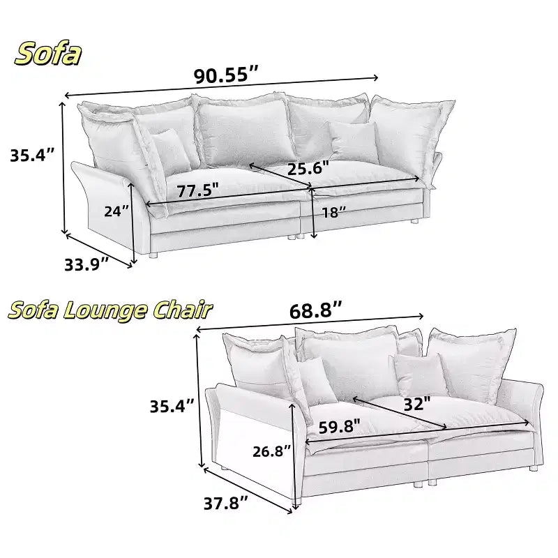 MAYEERTY 90.55 Modern Comfy Upholstered Sofa Cloud Couch,Deep Seat Couches with Multiple Large Sofa Pillows Gray