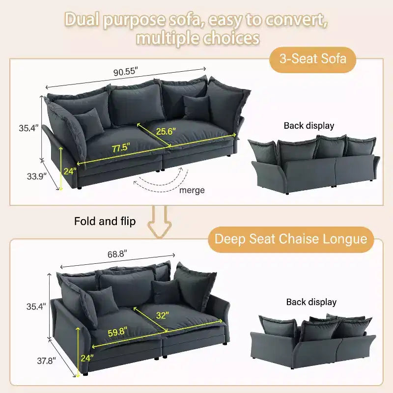 MAYEERTY 90.55 Modern Comfy Upholstered Sofa Cloud Couch,Deep Seat Couches with Multiple Large Sofa Pillows Gray