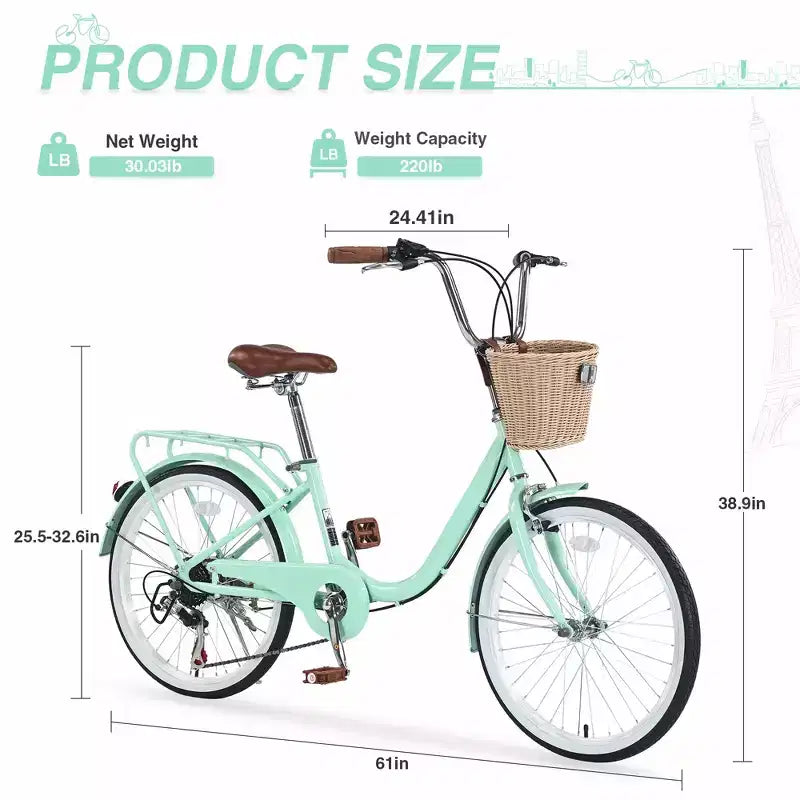 Vélo de route 22", cadre acier 13", cruiser de ville 7 vitesses avec freins doubles et panier, vélo de ville pour hommes et femmes, cyclisme en extérieur