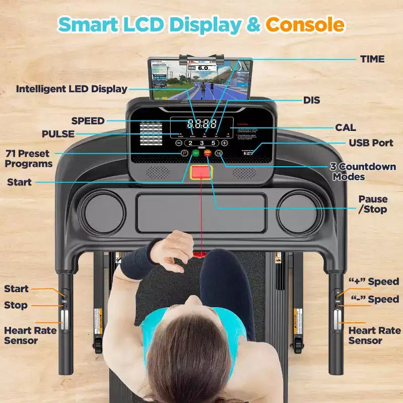 Tapis de course 3,75 CV capacité 136 kg, pliable et inclinable, 64+7 programmes intelligents, 12 km/h, contrôle via application, tapis de course pour la marche et le jogging à domicile avec haut-parleur HiFi