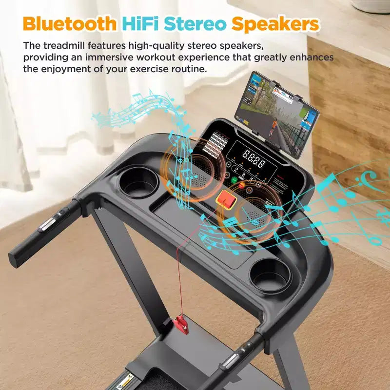 Tapis de course 3,75 CV capacité 136 kg, pliable et inclinable, 64+7 programmes intelligents, 12 km/h, contrôle via application, tapis de course pour la marche et le jogging à domicile avec haut-parleur HiFi