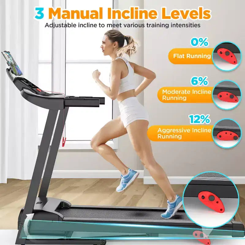 Tapis de course 3,75 CV capacité 136 kg, pliable et inclinable, 64+7 programmes intelligents, 12 km/h, contrôle via application, tapis de course pour la marche et le jogging à domicile avec haut-parleur HiFi