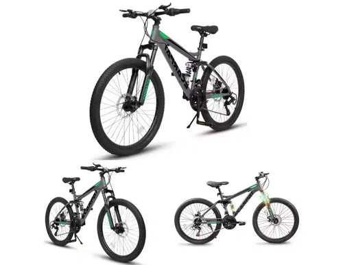 24 Mountain Bike, 21-Speed Full Suspension Bicycle with Front Fork & Shock Absorber, Steel Frame Ergonomic City Bike for Men & Women