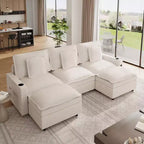 108 in Cloud Modular Sectional Sofa with Storage Armrests and Charging Ports, Movable Ottoman and Cup Holder Included, Beige