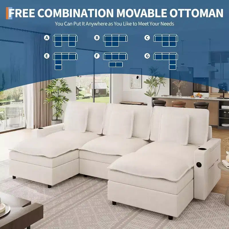108 in Cloud Modular Sectional Sofa with Storage Armrests and Charging Ports, Movable Ottoman and Cup Holder Included, Beige