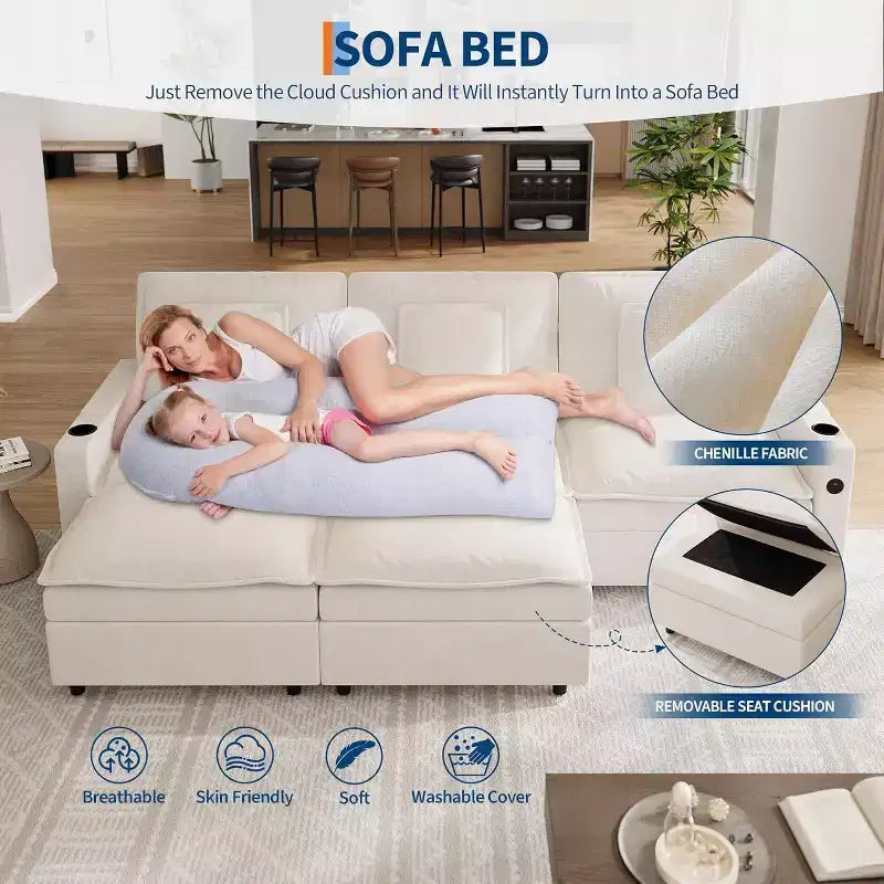 108 in Cloud Modular Sectional Sofa with Storage Armrests and Charging Ports, Movable Ottoman and Cup Holder Included, Beige
