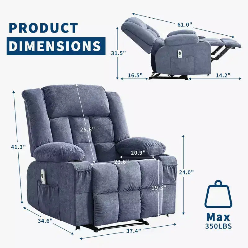 Fauteuil inclinable COZONY avec massage et fonction chauffante, fauteuil à bascule avec poches latérales et porte-gobelet pour salon