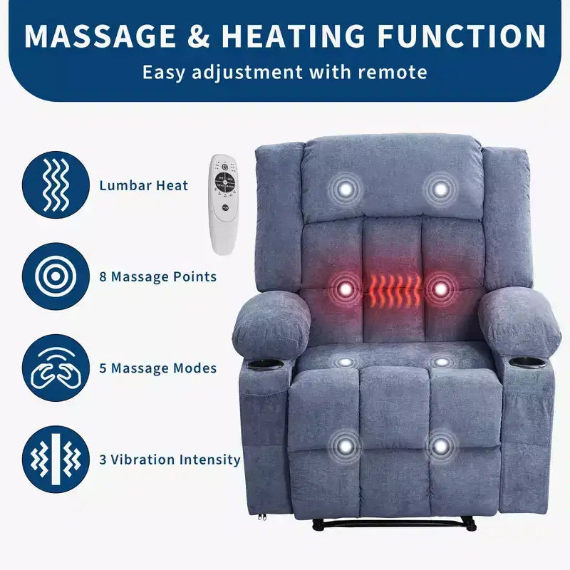 Fauteuil inclinable COZONY avec massage et fonction chauffante, fauteuil à bascule avec poches latérales et porte-gobelet pour salon