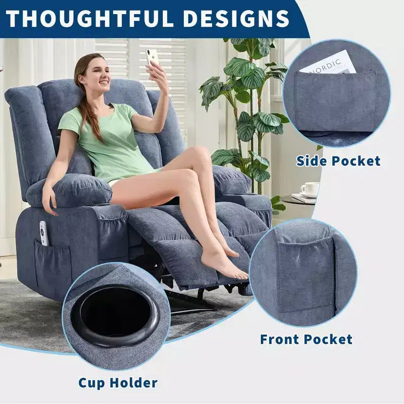 Fauteuil inclinable COZONY avec massage et fonction chauffante, fauteuil à bascule avec poches latérales et porte-gobelet pour salon