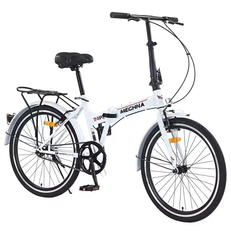 NAYSAYE Vélo pliant 24 pouces pour adultes avec garde-boue, cadre en acier, vitesse unique, vélo de ville, blanc clair, 63*22.83*45.6