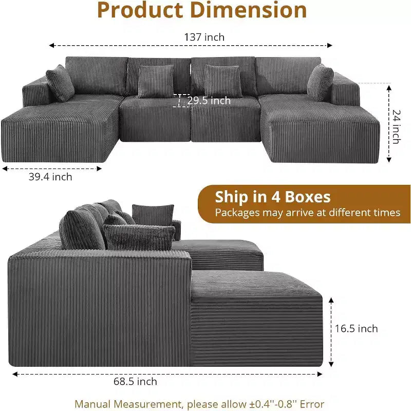 Canapé-lit d'angle moderne en U, convertible 137 modulaire sans assemblage avec assise profonde et méridienne, en velours côtelé pour salon