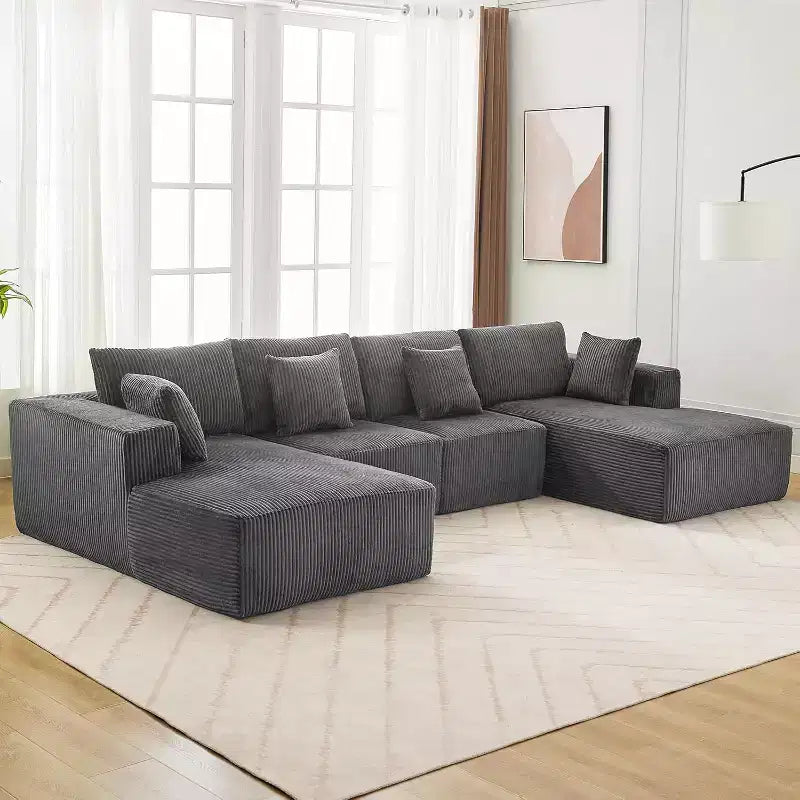 Canapé-lit d'angle moderne en U, convertible 137 modulaire sans assemblage avec assise profonde et méridienne, en velours côtelé pour salon