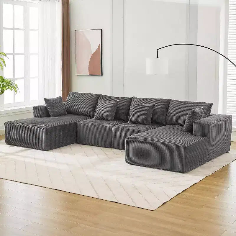 Canapé-lit d'angle moderne en U, convertible 137 modulaire sans assemblage avec assise profonde et méridienne, en velours côtelé pour salon