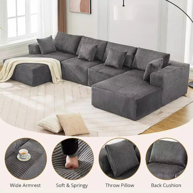 Canapé-lit d'angle moderne en U, convertible 137 modulaire sans assemblage avec assise profonde et méridienne, en velours côtelé pour salon