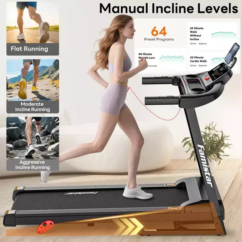 Tapis de course 3.0HP capacité 300lbs, tapis de course pliable inclinable à 6% pour la maison, 0.6-7.5MPH, bande de 16 pouces, absorption des chocs