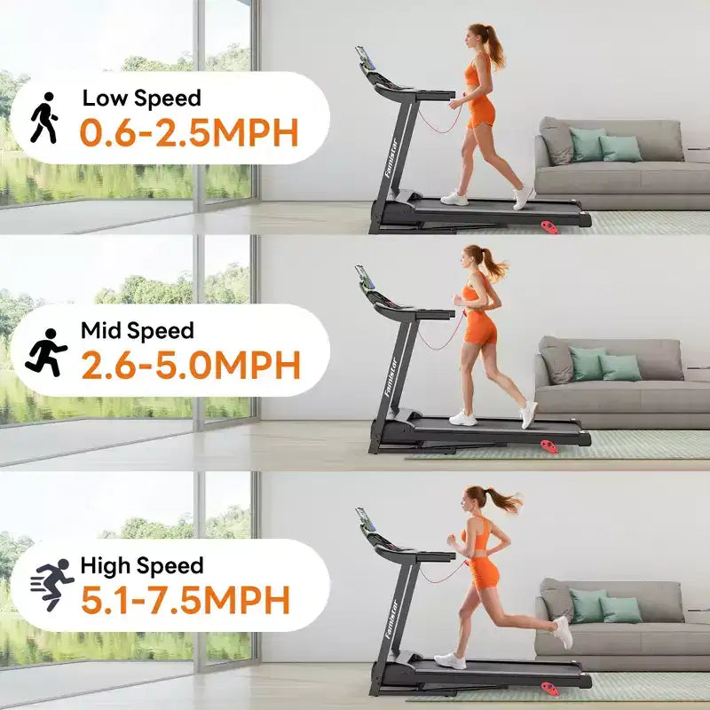 Tapis de course 3.0HP capacité 300lbs, tapis de course pliable inclinable à 6% pour la maison, 0.6-7.5MPH, bande de 16 pouces, absorption des chocs