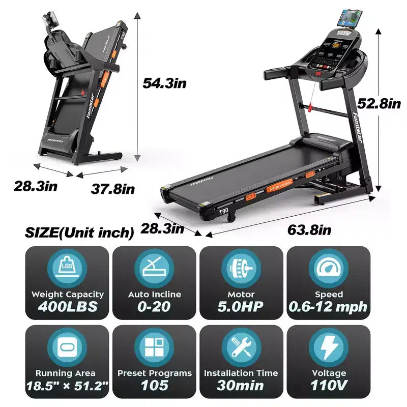 Foldable Treadmill with 20-Level Auto Incline, 12 MPH Speed, APP Control, 400 LBS Capacity, Soft-Drop Design