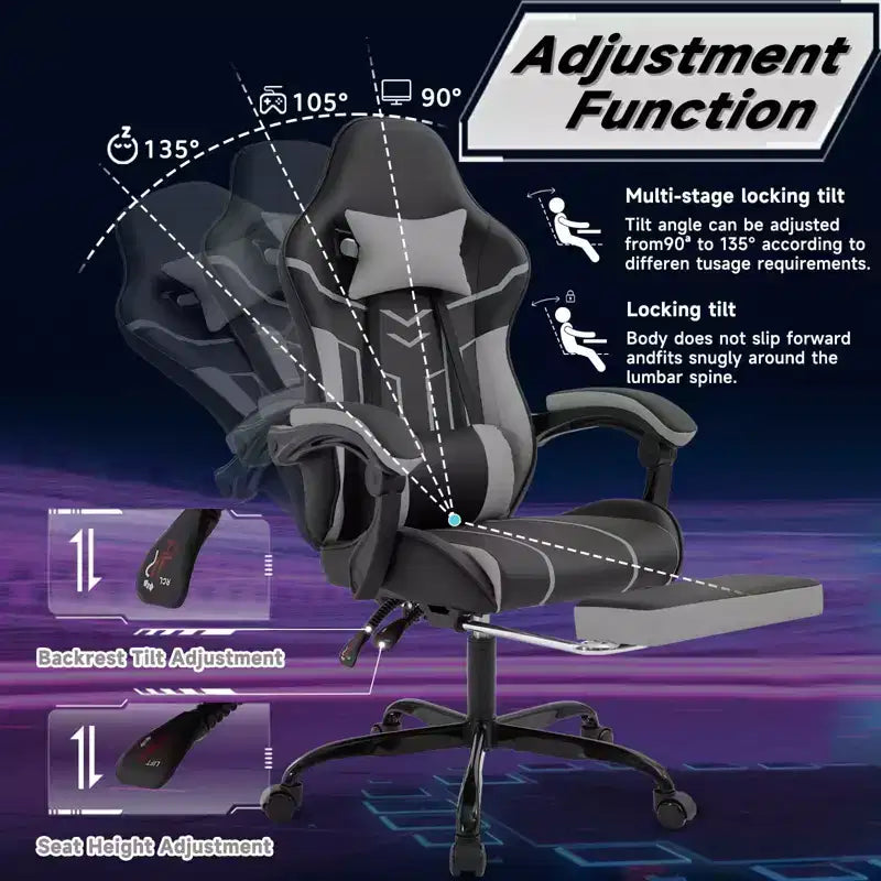 MAYEERTY Gaming Chair, Computer Chair, Ergonomic Chair with Footrest Lumbar Backrest for Living Room Black Gray
