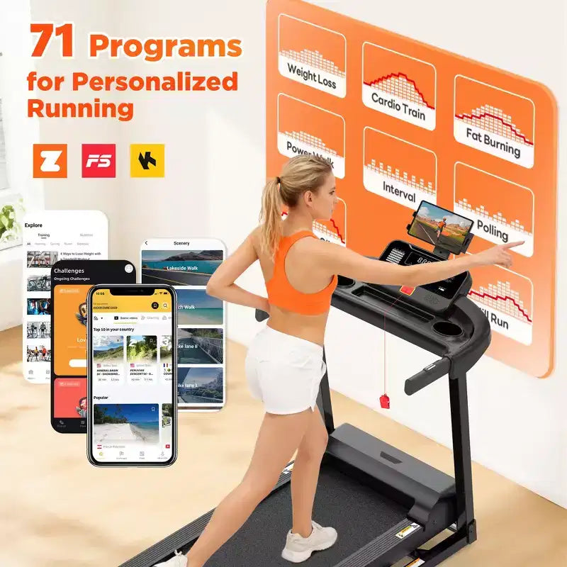 Tapis de course pliable 330lbs avec moteur 3.5CV, 64+7 programmes, tapis de course inclinable pour la maison, 12km/h, contrôle APP et double haut-parleurs, tapis de course portable pour la marche et le jogging
