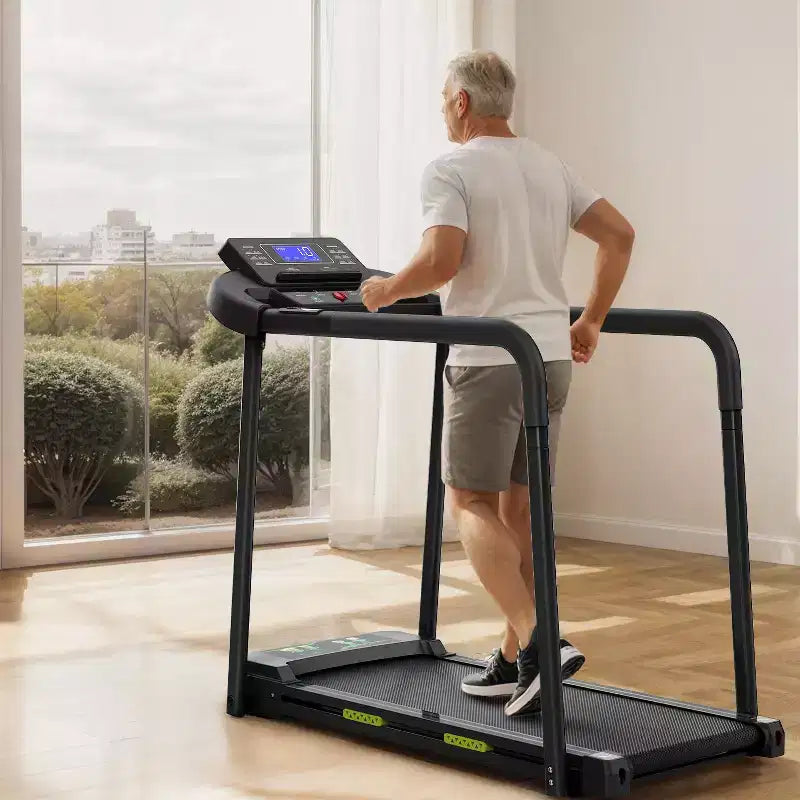 Tapis de marche Okak pour seniors, tapis de course pliable avec longue barre d'appui pour l'équilibre, tapis de course avec grand écran LED, noir