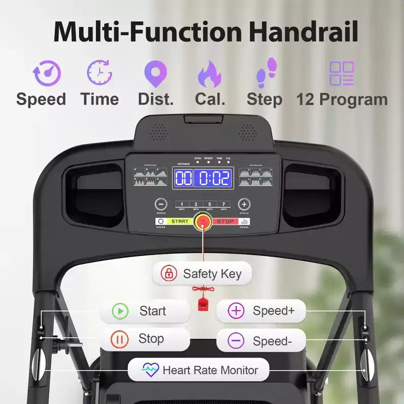 Tapis de course électrique Okak avec musique Bluetooth et porte-gobelet, tapis de course pliable avec inclinaison et capteur de fréquence cardiaque, tapis de course 2,5 CV pour la maison, noir