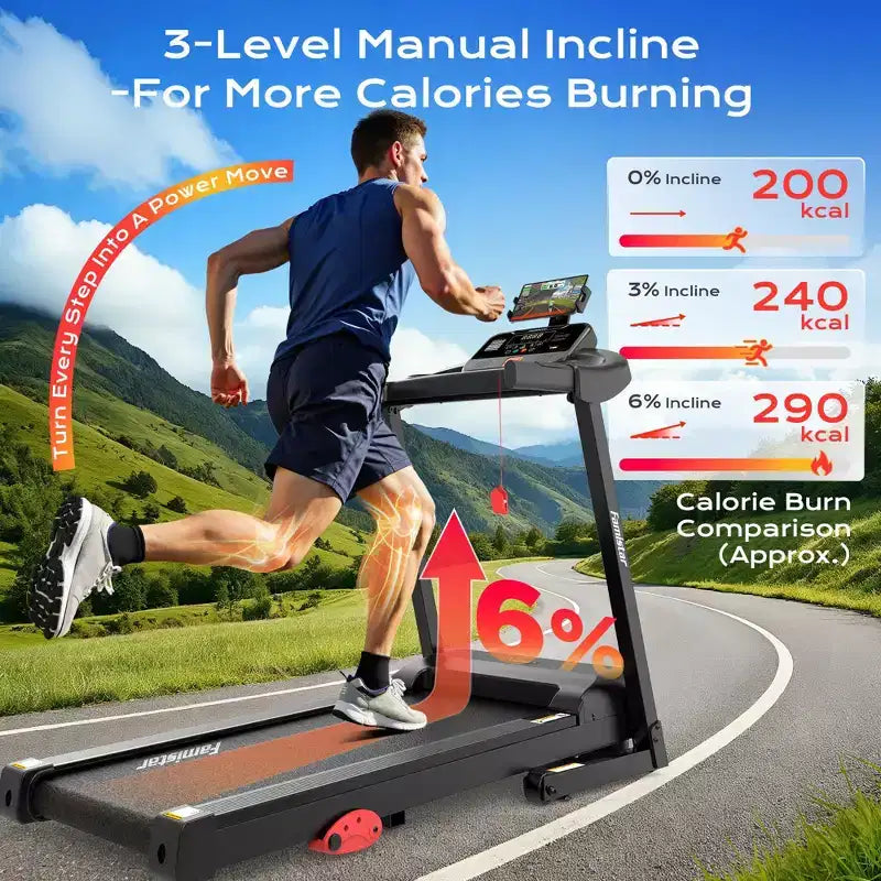 Tapis de course 3,1 CV pour la maison, tapis de course pliable capacité 136 kg, tapis de course avec inclinaison de 6 %, 0,96-12 km/h, 64 programmes préréglés
